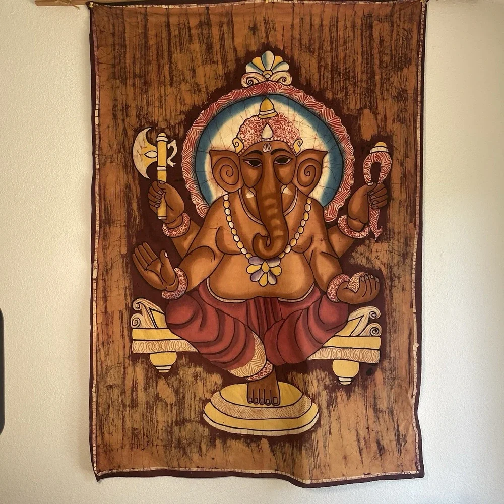 Vintage Lord Ganesha Batik Tapestry 50x35 Cotton Wall Hanging Hindu India Art